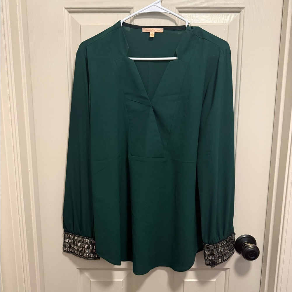 Gibson Dark Green Blouse with Patterned Cuffs